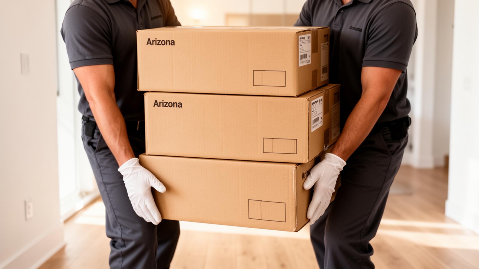 White Glove Packout movers carefully carrying labeled moving boxes in a clean Arizona home